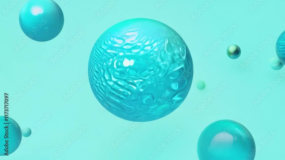 Poster blue sphere with a white swirl on it is surrounded by five other spheres. the image has a calm and s
