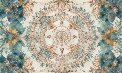 Watercolor nature design with intricate patterns and symbols,  herbal,  mystical