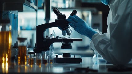 Scientist Conducting Research With a Microscope in a Laboratory During Evening Hours Focused on Analysis