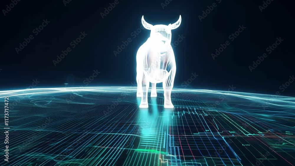 Poster cow is shown in a computer generated image with a red outline. the cow is standing on a planet, and 