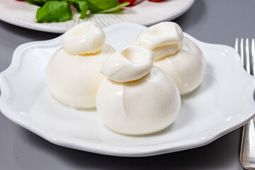 Cheese collection, fresh soft white burrata cheese ball made from mozzarella and cream from Apulia, Italy, close up