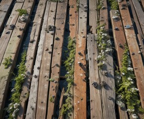 Fototapeta premium Weathered wooden planks with barnacles and algae, barnacles, outdoor