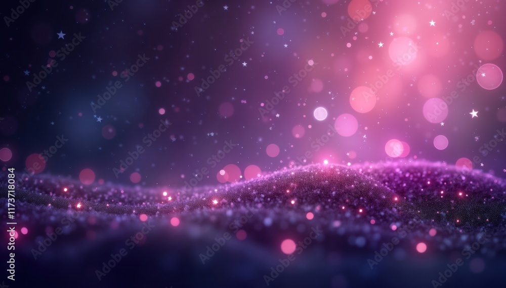 Poster purple starry background with glowing particles. abstract image with pink bokeh lights. design for w
