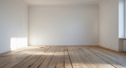 empty room with a vintage wooden floor and a large wall serves as a studio background for displaying products