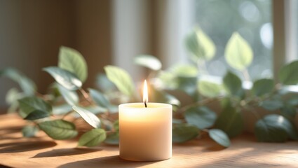 Brightly lit candle on a warm surface with soft shadows and green leaves in a serene indoor setting
