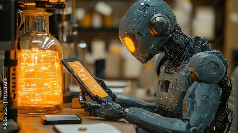 Poster a futuristic robot examines data on a tablet in a laboratory setting.
