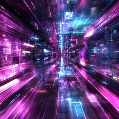 Obraz premium Dynamic quantum light beams abstract visualization digital space graphic design futuristic environment perspective view