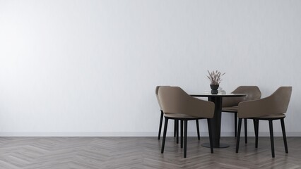 White wall mockup with dining table and chairs, horizontal image orientation. 3D rendering, interior design, 3D illustration