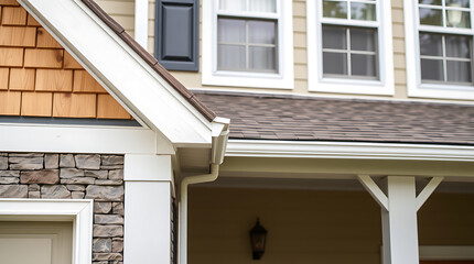Close-up of a house exterior, showcasing white gutters, brown roof shingles, beige siding, light brown wood shingles, and gray stone. White trim accents the windows and roofline.