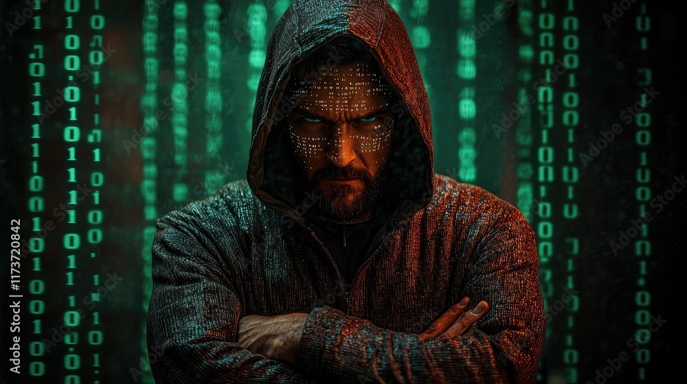 Poster a hooded man with binary code background.