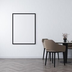 Vertical frame mockup on a white wall, table with chairs and table decorations. 3D rendering, interior design, 3D illustration