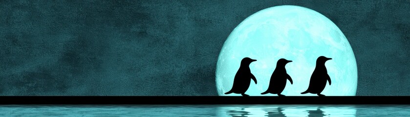 Naklejka premium Three penguins stand on a ledge against a large, glowing moon, creating a serene, nighttime atmosphere.