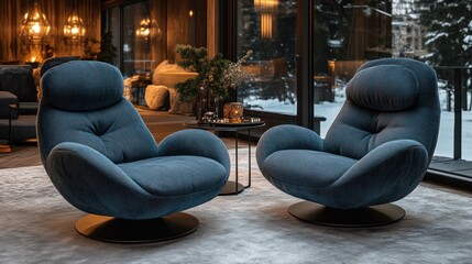 Two teal swivel armchairs in modern living room.
