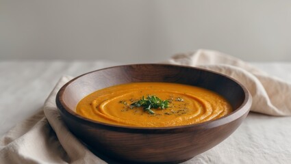 Bowl of pumpkin vegetarian cream soup on dark wooden bowel