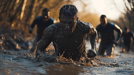 Runner covered in mud crossing muddy river obstacle with teammates pushing through tough terrain in obstacle course race