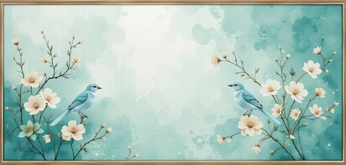 Blue birds perched among blooming white flowers in a serene floral landscape