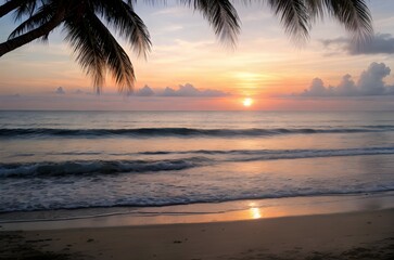 Fototapeta premium 夕焼け, 浜, palm, 木, 海, トロピカル, 海, 空, アイランズ, 太陽, 水, 