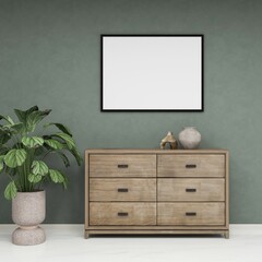 Horizontal frame mockup on a green wall, sideboard with ornaments and ornamental plant in a vase. 3D rendering, interior design, 3D illustration