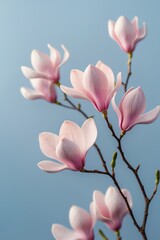 Obraz premium Soft Pink Magnolia Flowers on Light Blue Background for Nature and Relaxation Themes