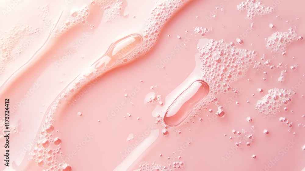 Poster cosmetic essence is forming bubbles on the pink liquid surface, creating a delicate and intriguing t