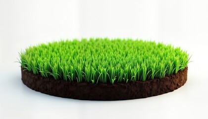 Circular section of rich green grass atop dark brown soil. Freshly grown grass sits on top of soil. Ideal for eco themes. Natural landscape isolated against white background. Perfect for nature,