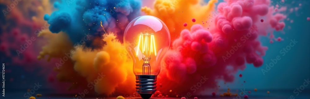 Poster vibrant light bulb explodes on colourful background. creative innovation concept. bright colourful e