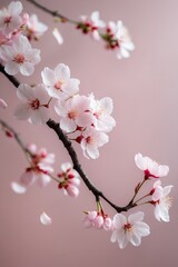 Fototapeta premium Cherry blossoms arranged beautifully on a soft pink background with delicate petals and branches