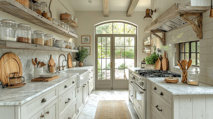 Rustic kitchen with garden view, open French doors, and organized shelves