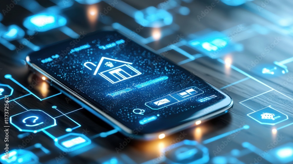 Poster smartphone control of home automation digital environment data visualization modern technology close