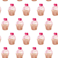 Watercolor seamless pattern of a cupcake with a heart. Handmade. Illustration is suitable for holiday decorations, textiles and typography.