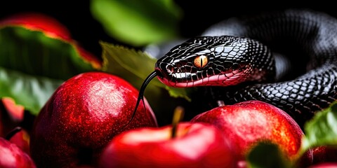  forbidden fruit concept with serpent and apple in garden of eden