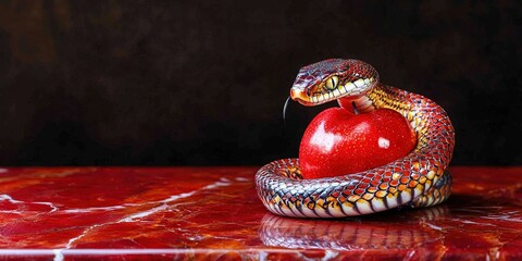  forbidden fruit concept with serpent and apple in garden of eden