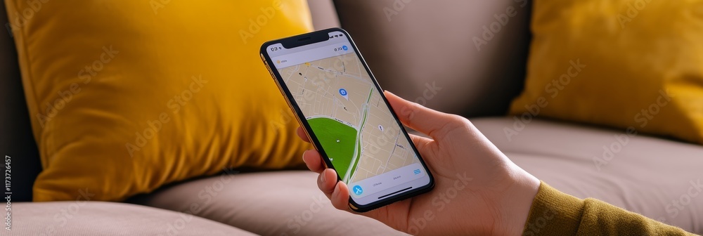 Aufkleber Woman is holding smartphone displaying online map with marked location, using mobile navigation app for route planning and location search while sitting on comfortable sofa with yellow pillows