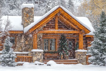 Snow-covered log cabin during a winter snowfall. Festive Christmas tree on porch.