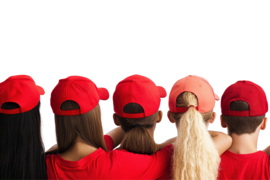 Group of cheerful young people in red shirts and caps smiling together, showcasing friendship and positivity in a light-hearted gathering on a sunny day
