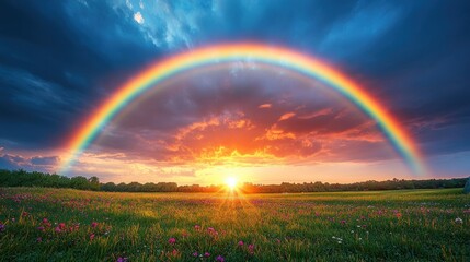 Vibrant rainbow arching over a sunlit field at sunset. © AGUNG