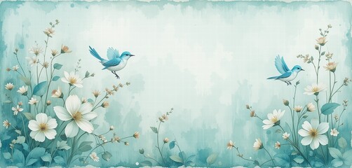 Blue birds perched among blooming white flowers in a serene floral landscape