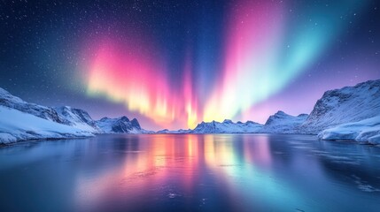 Vibrant aurora borealis reflected in a calm arctic lake, surrounded by snow-covered mountains under a starry night sky.