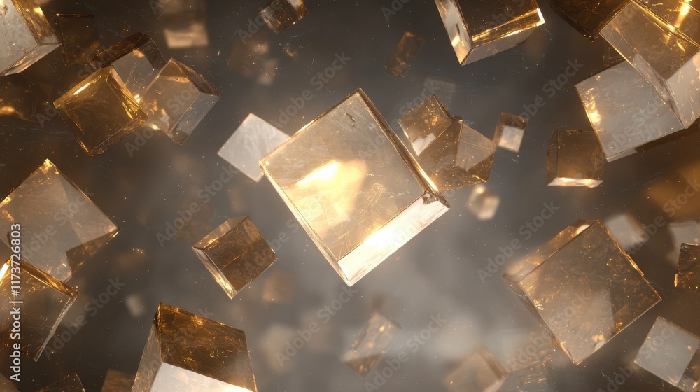 Poster dynamic gold cubes floating in a sci-fi abstract background digital artwork futuristic environment h