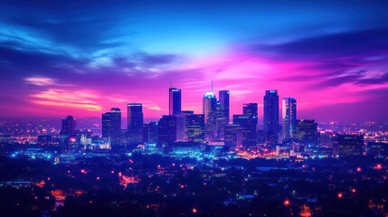 Vibrant city skyline at sunset.