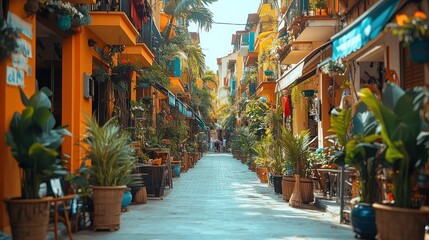 Fototapeta premium Vibrant, plant-filled alleyway with colorful buildings.