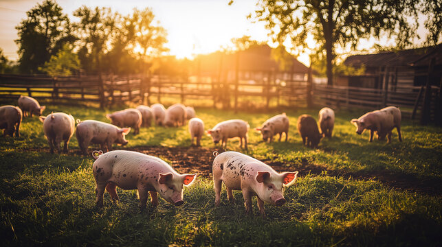 Pigs grazing in a farmyard at sunset - pig or pork farming concept - Powered by Adobe