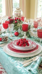 Elegant Christmas table setting with red and teal accents.  Perfect for holiday gatherings and celebrations.