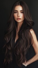 Fototapeta premium Elegant Portrait of a Young Woman With Long, Flowing Hair Against a Dark Background Showcasing Beauty and Grace