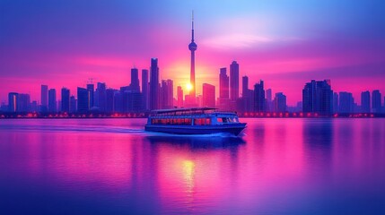Fototapeta premium Vibrant sunrise over city skyline with boat.