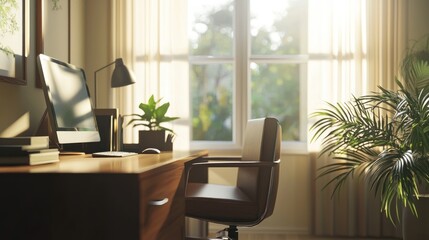 Fototapeta premium Sunlit Home Office Workspace: Tranquil and Productive Atmosphere