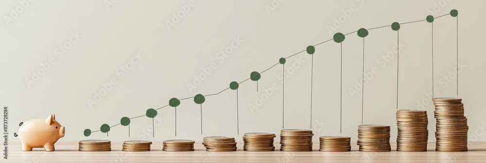 Poster stacks of coins showing positive growth with increasing graph and piggy bank representing savings, i