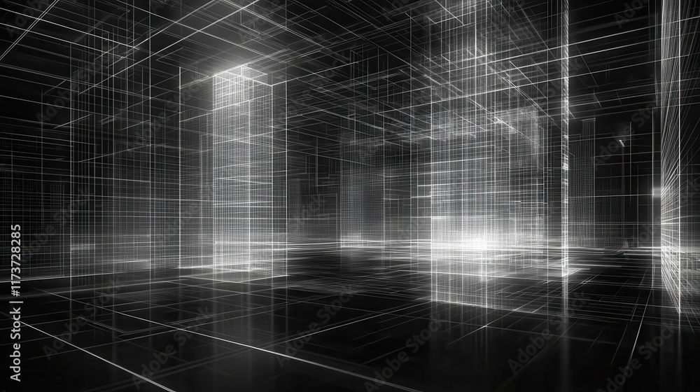 Poster dynamic action of digital abstract background with sci-fi wireframe grids in a futuristic environmen