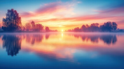 Obraz premium Vibrant sunrise over calm lake reflecting colorful sky and trees.