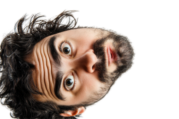 Surprised man with wide eyes looking back over his shoulder against a white background